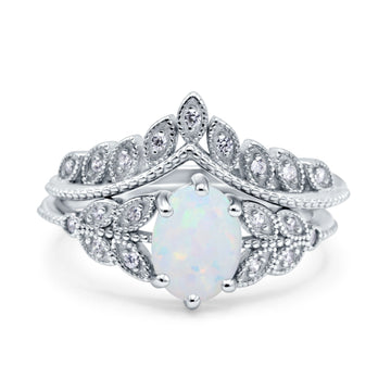 Two Piece Vintage Style Wedding Bridal Set Ring Band Oval Lab Created White Opal 925 Sterling Silver